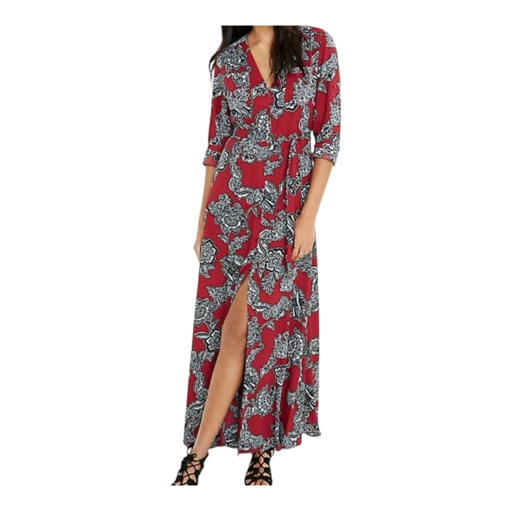 Express Red Floral Paisley Maxi Wrap Dress Slit V-Neck 3/4 Sleeve Small S